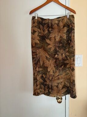 Leaf Print Maxi Skirt - Olive and Tan